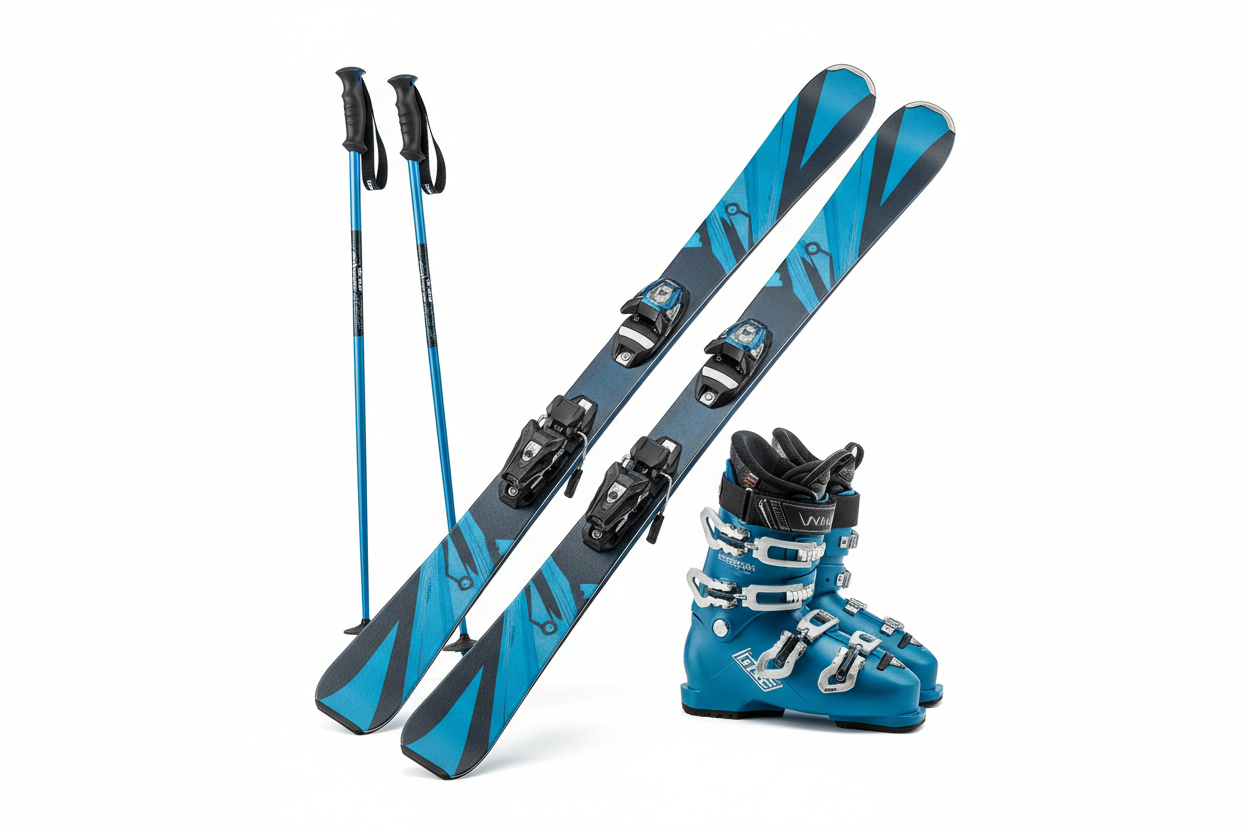 paire de sk bleu et grise i , chaussure bleu  et baton bleu 