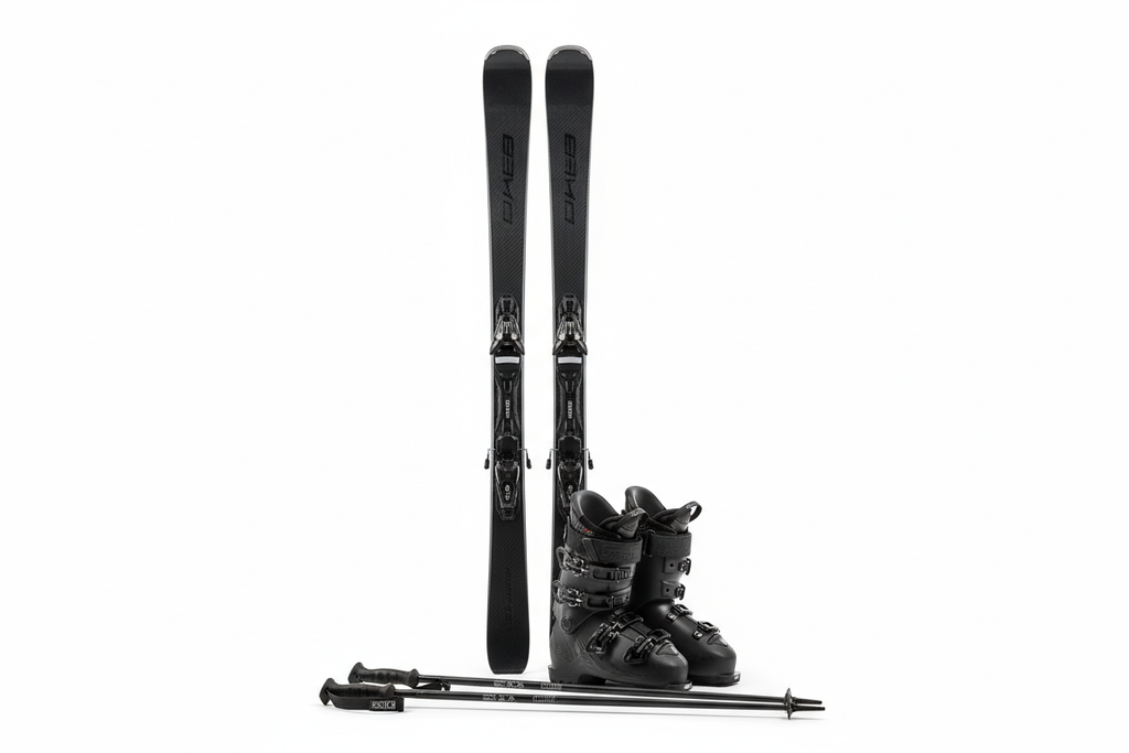 paire de ski performance noir, paire de chaussure noire et baton de ski noir 