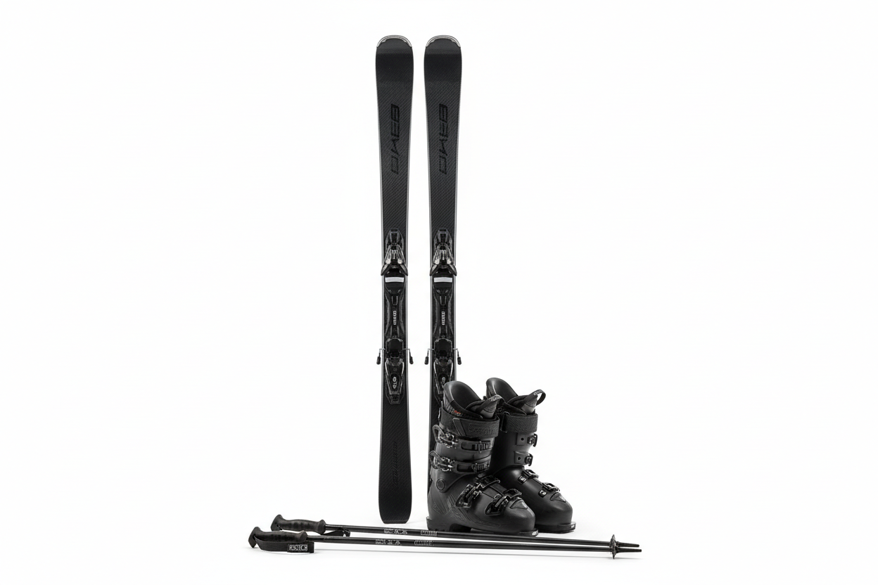 paire de ski performance noir, paire de chaussure noire et baton de ski noir 