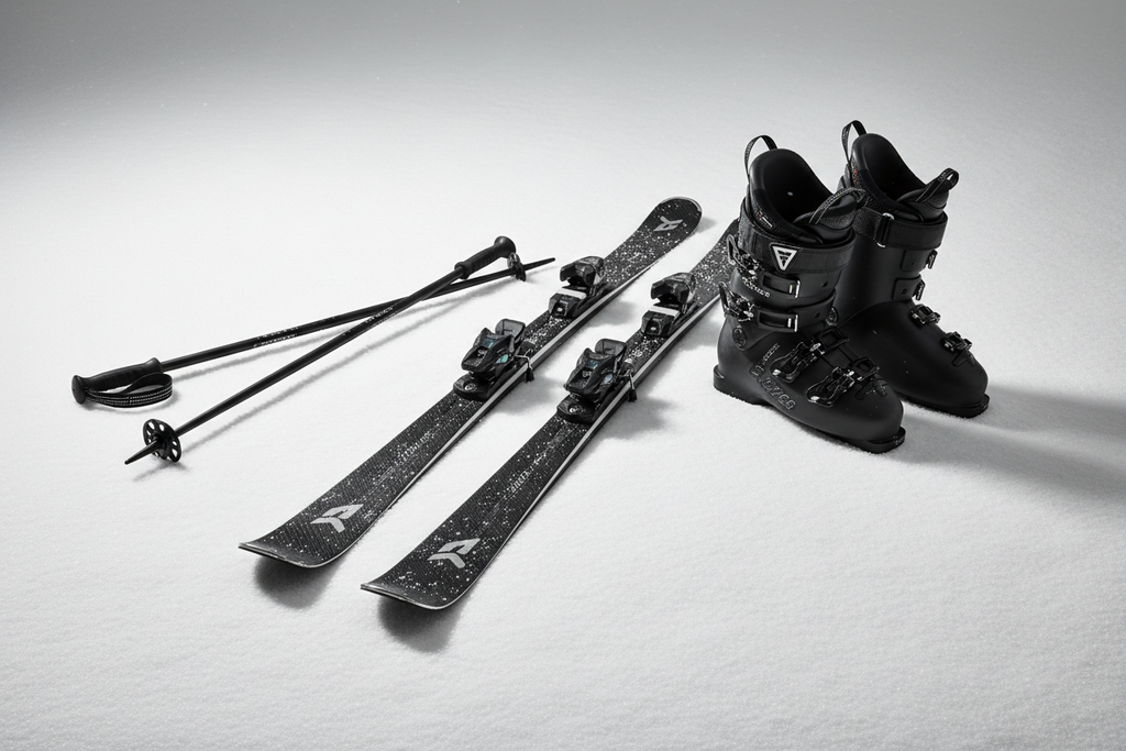 paire de ski performance noire haut de gamme, paire de chaussure et baton noir