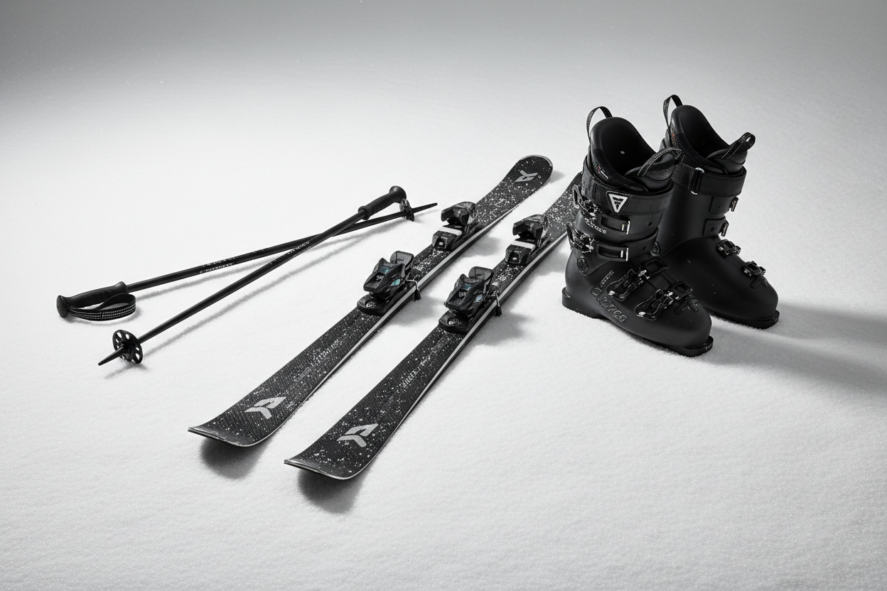 paire de ski performance noire haut de gamme, paire de chaussure et baton noir
